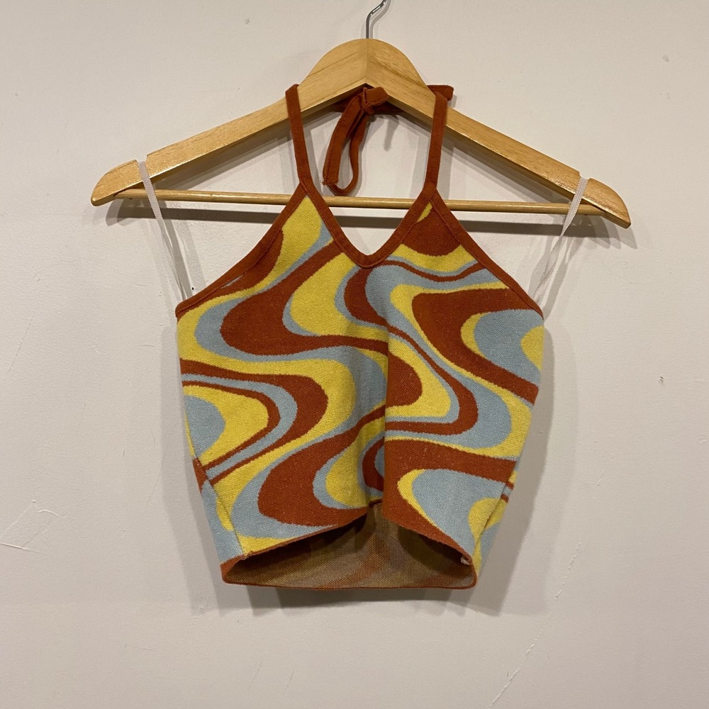 Madrag Retro Psychedelic Swirl Knit Halter Crop Top Orange Yellow Blue Small